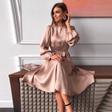 Wjczt Casual O-Neck Satin Party Dress Women Lantern Sleeve Sashes A-Line Knee-Length Dress New Fashion Holiiday