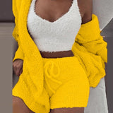 Wjczt Three Piece Sexy Fluffy Outfits Plush Velvet Hooded Cardigan Coat+Shorts+Crop Top Women Tracksuit Sets Casual Sports Sweatshirt