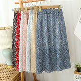 Wjczt Summer Long Skirts for Women Boho Elegant Floral Print Pleated A Line Skirt Korean Harajuku Chic Simple Midi Chiffon Skirts