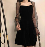 Wjczt Long Sleeve Dress Women Korean-style Vintage Elegant Mesh Square-collar Club-wear Mini Dresses Sexy Lady A-line High-waist Slim