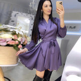 Wjczt Casual Lantern Sleeve Satin Bathrobe Dress Woman V-Neck High Waist Sashes A-Line Mini Dress One Piece Dress New