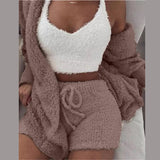 Wjczt Three Piece Sexy Fluffy Outfits Plush Velvet Hooded Cardigan Coat+Shorts+Crop Top Women Tracksuit Sets Casual Sports Sweatshirt