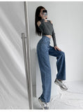 Wjczt Casual Fashion Straight Leg Women's Jeans Denim Bottom Y2K Harajuku Boyfriend Long High Waist Baggy Jean Fall Pants Blue