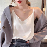 Wjczt 2022 Spaghetti Strap Top Women Halter V Neck Basic White Cami Sleeveless Satin Silk Tank Tops Women'S Summer Camisole