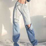 Wjczt Women  Retro Jeans High Waist Ripped Hole Fringe Hem Female Wide Leg Denim Jeans 2021 Streetwear Gradient Color Denim Trousers