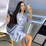 Wjczt Casual Lantern Sleeve Satin Bathrobe Dress Woman V-Neck High Waist Sashes A-Line Mini Dress One Piece Dress New