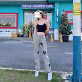 Wjczt Streetwear Korean Fashion Cross Applique Jeans Woman High Waist Y2k Straight Baggy Pants Versatile Casual Grey Denim Trousers