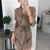 Wjczt Casual Sashes A Line Mini Dress Female Seven Sleeve V Neck Office Lady Elegant Dresses For Women Vintage Solid