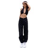 Wjczt Plaid Checkerboard Print Women High Waist Wide Leg Jeans Straight Pants Loose Casual Streetwear 2021 Summer Trousers