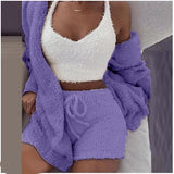 Wjczt Three Piece Sexy Fluffy Outfits Plush Velvet Hooded Cardigan Coat+Shorts+Crop Top Women Tracksuit Sets Casual Sports Sweatshirt