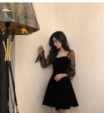 Wjczt Long Sleeve Dress Women Korean-style Vintage Elegant Mesh Square-collar Club-wear Mini Dresses Sexy Lady A-line High-waist Slim