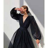 Wjczt Seawefit Puff Long Sleeve Maxi Dress Women Chiffon Deep V-Neck Dresses Elegant Sexy Robes Belt Polka Dot Ball Gown Outfit