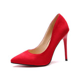 Wjczt Plus Size 35-44 Concise Flock Woman Shoes Shallow Fashion Thin High Heels Women Pumps Pointed Toe Black Red Ladies Wedding Shoes