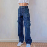 Wjczt England Preppy Style Straight Jeans Women Pockets Casual Baggy Cargo Pants Girls' 90s High Waist Streetwear Denim Pants