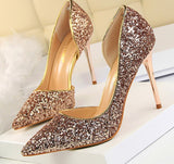 Wjczt Plus Size 34-43 Women Pumps Sequined Cloth Shallow Fashion High Heels Shoes Side Cut-Outs Sexy Pointy Toe Woman Bride Shoe Party