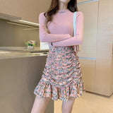 Wjczt Women Summer High Waist Floral Print Ruffles Mini Shirts Korean Style Elegant Pleated Bodycon Skirt Boho Beach Party Short Skirt