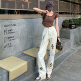 Wjczt Streetwear Korean Fashion Cross Applique Jeans Woman High Waist Y2k Straight Baggy Pants Versatile Casual Grey Denim Trousers