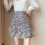 Wjczt Women Summer High Waist Floral Print Ruffles Mini Shirts Korean Style Elegant Pleated Bodycon Skirt Boho Beach Party Short Skirt