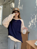 Wjczt Korean Style Hit Color Female Hoodies Navy Apricot Patchwork Pullovers Chic Loose Casual Women Sweatshirt Raglan Sleeve