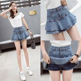 Wjczt 2022 Summer Low Waist A Line Denim Skirt Women Sexy Pleated Mini Jeans Skirts Korean Style Casual Ruffles Wild Skirt Shorts