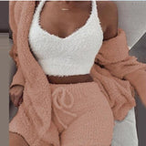 Wjczt Three Piece Sexy Fluffy Outfits Plush Velvet Hooded Cardigan Coat+Shorts+Crop Top Women Tracksuit Sets Casual Sports Sweatshirt