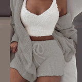 Wjczt Three Piece Sexy Fluffy Outfits Plush Velvet Hooded Cardigan Coat+Shorts+Crop Top Women Tracksuit Sets Casual Sports Sweatshirt