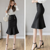 Wjczt Women's Skirt Autumn Winter Slim High-Waisted Hips Skirt Mid-Length Korean Style Breasted Profession Fishtail Skirt Jupe Femme