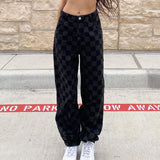 Wjczt Plaid Checkerboard Print Women High Waist Wide Leg Jeans Straight Pants Loose Casual Streetwear 2021 Summer Trousers