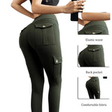 Wjczt New Women Leggings Withe Pocket Solid High Waist Push Up Polyester Workout Leggings Cargo Pants Casual Hip Pop Pants Fitness