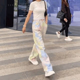 Wjczt Retro Jeans for Women High Waist Female Tie Dye Hip hop Wide Leg Denim Jeans Streetwear Women Loose Denim Trousers New