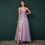 Wjczt Beaded Crystal Prom Dresses 2023 Long Sexy See Through A-Line Split Tulle V Neck Spaghetti Strap Evening Formal Gown