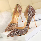 Wjczt Plus Size 34-43 Women Pumps Sequined Cloth Shallow Fashion High Heels Shoes Side Cut-Outs Sexy Pointy Toe Woman Bride Shoe Party