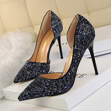 Wjczt Plus Size 34-43 Women Pumps Sequined Cloth Shallow Fashion High Heels Shoes Side Cut-Outs Sexy Pointy Toe Woman Bride Shoe Party