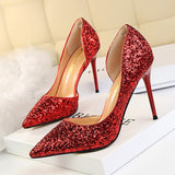 Wjczt Plus Size 34-43 Women Pumps Sequined Cloth Shallow Fashion High Heels Shoes Side Cut-Outs Sexy Pointy Toe Woman Bride Shoe Party