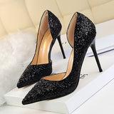 Wjczt Plus Size 34-43 Women Pumps Sequined Cloth Shallow Fashion High Heels Shoes Side Cut-Outs Sexy Pointy Toe Woman Bride Shoe Party