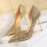 Wjczt Plus Size 34-43 Women Pumps Sequined Cloth Shallow Fashion High Heels Shoes Side Cut-Outs Sexy Pointy Toe Woman Bride Shoe Party