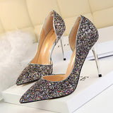 Wjczt Plus Size 34-43 Women Pumps Sequined Cloth Shallow Fashion High Heels Shoes Side Cut-Outs Sexy Pointy Toe Woman Bride Shoe Party