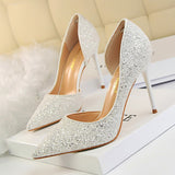 Wjczt Plus Size 34-43 Women Pumps Sequined Cloth Shallow Fashion High Heels Shoes Side Cut-Outs Sexy Pointy Toe Woman Bride Shoe Party