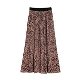 Wjczt Women Vintage Leopard Print A Line Skirt Women Y2K High Waist Elastic Midi Skirts Harajuku Pleated Long Skirt Streetwear