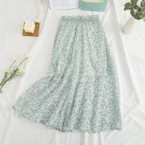 Wjczt Summer Long Skirts for Women Boho Elegant Floral Print Pleated A Line Skirt Korean Harajuku Chic Simple Midi Chiffon Skirts