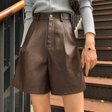 Wjczt Faux Leather Bermuda Shorts Vintage Chic Imitation Pu Shorts Women Fall Winter Wide Leg Loose Casual Shorts Black S-2Xl