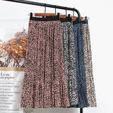 Wjczt Women Vintage Leopard Print A Line Skirt Women Y2K High Waist Elastic Midi Skirts Harajuku Pleated Long Skirt Streetwear