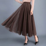 Wjczt Women 2021 Spring Autumn Solid Gauze Mesh High Waist Slim Long Skirt Sweet Pleated A-line Ball Gown Elegant Casual