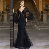 Wjczt Sexy V Neck Long Flare Sleeve Black Lace Dress Wedding Party Dresses Women  Evening Elegant Night Club Prom Long Maxi Dresses