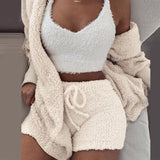 Wjczt Three Piece Sexy Fluffy Outfits Plush Velvet Hooded Cardigan Coat+Shorts+Crop Top Women Tracksuit Sets Casual Sports Sweatshirt