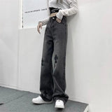 Wjczt Streetwear Korean Fashion Cross Applique Jeans Woman High Waist Y2k Straight Baggy Pants Versatile Casual Grey Denim Trousers