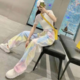 Wjczt Retro Jeans for Women High Waist Female Tie Dye Hip hop Wide Leg Denim Jeans Streetwear Women Loose Denim Trousers New