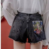 Wjczt Women Summer Ripped Denim Shorts Vintage High Street Harajuku Short Jeans Casual Portrait Pocket High Waist Jean Shorts Pants