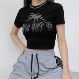 Wjczt Summer Tank Tops Punk Vintage Rhinestone Spider Graphic Black Vest Gothic Style O-neck Short Sleeve Crop Top Women Slim Tanks