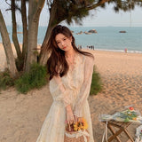 Wjczt V-neck Elegant Sweet Dress Women Long Sleeve Chiffon Floral Dress Party Beach Dress for Females Korean Style Summer Chic